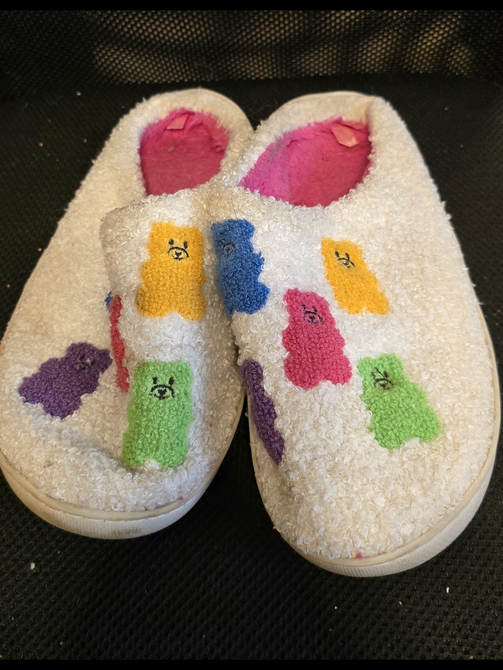 Plush White Women's Slip-On Slippers with Colorful Bear Appliqués